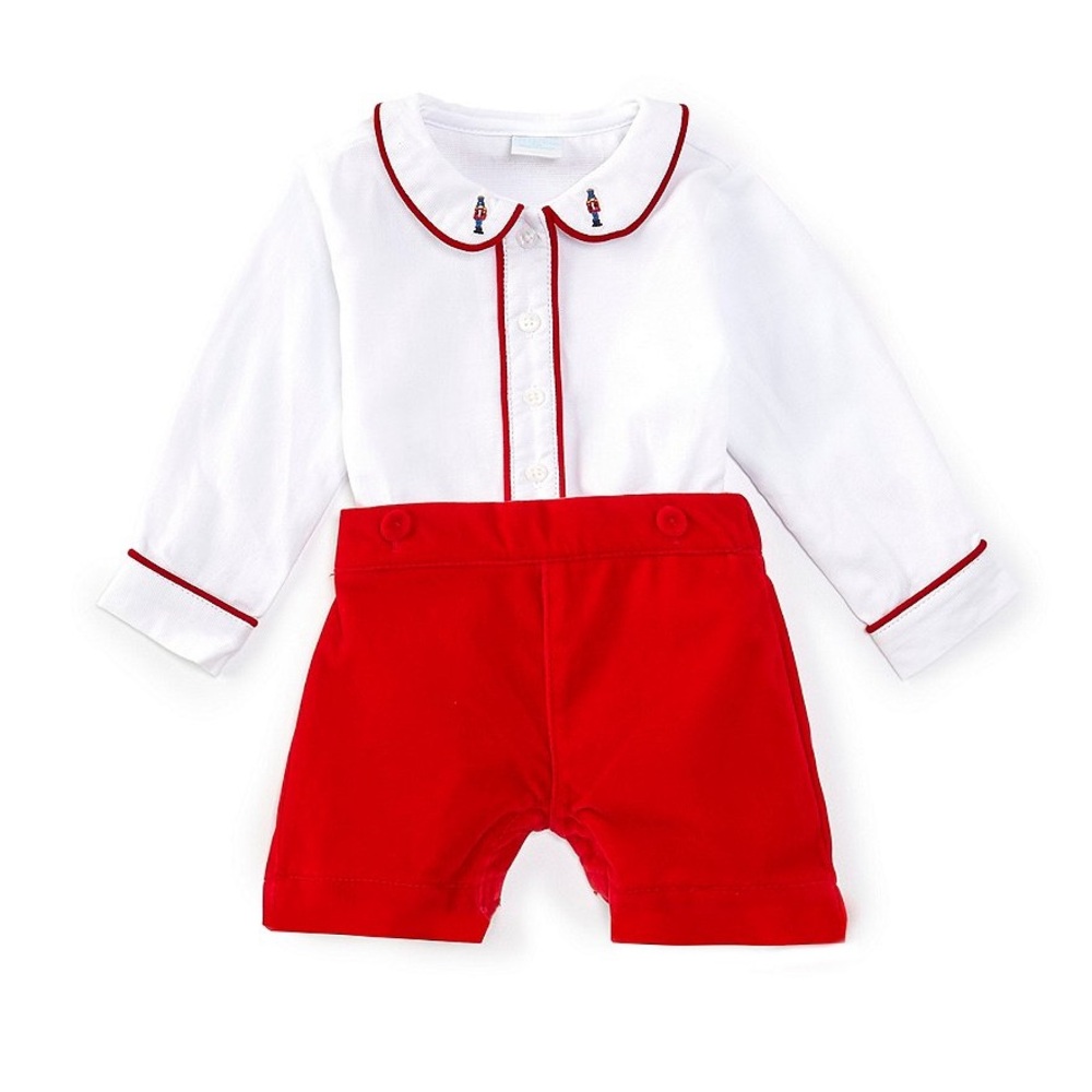 NWT Edgehill Collection Beau Peter Solider Embroidery Shirt & Velvet Shorts Set